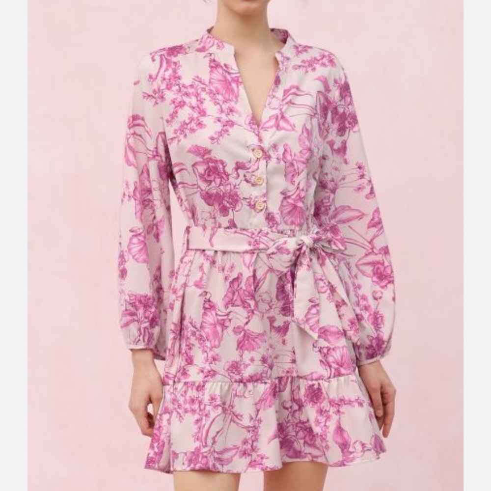 NWT Chicwish Watercolor Pink Flower Lantern Sleeves Mini Dress